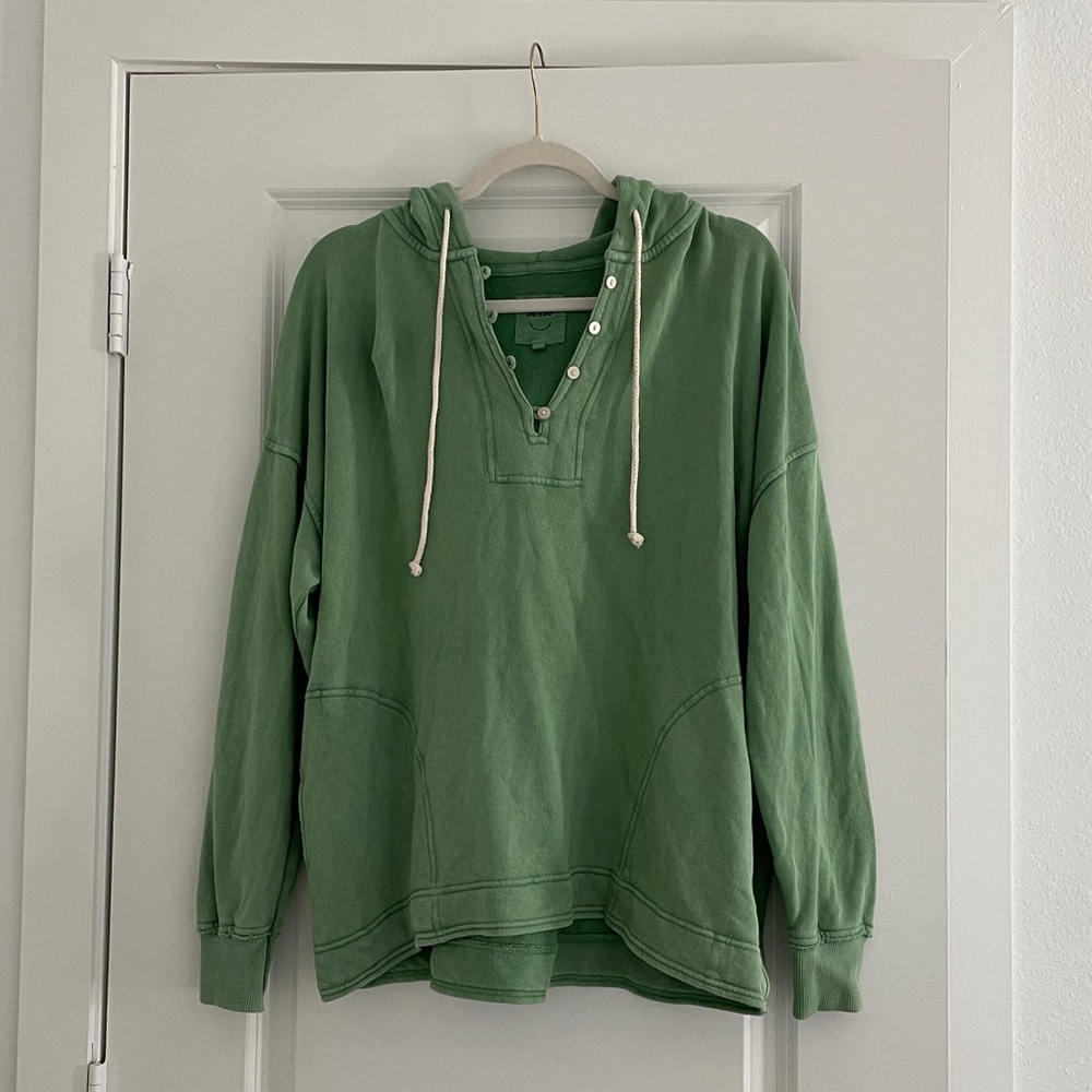 Aerie Washed Look Hoodie Sweatshirt Oversized Coastal Beach Vneck French Terry